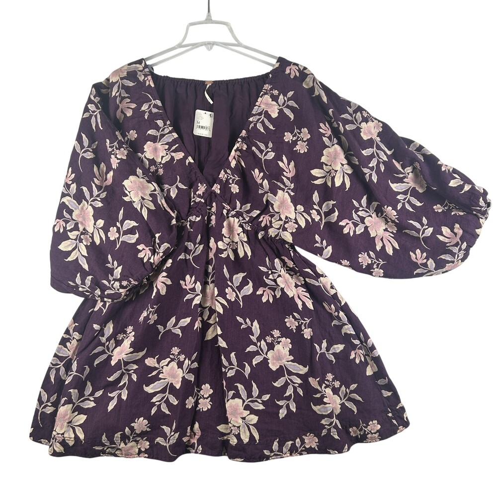 Free People Dress Womens M Portia Floral Linen Mini Boho Balloon Sleeve Babydoll